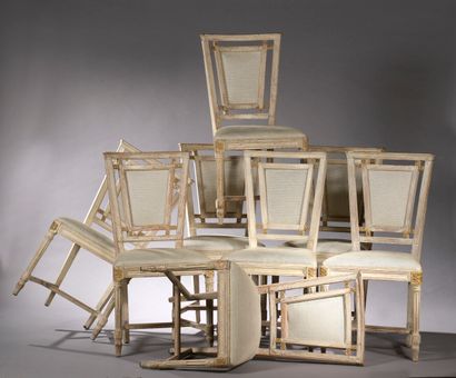  Suite of eight chairs in molded wood and carved lacquered and gilded Louis XVI style...
