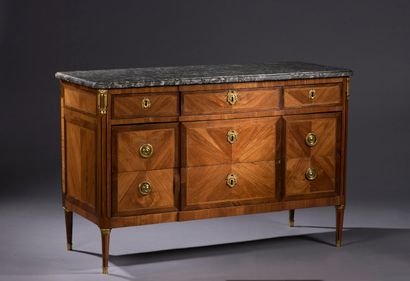  A Louis XVI period rosewood and amaranth veneer chest of drawers stamped Goselin....
