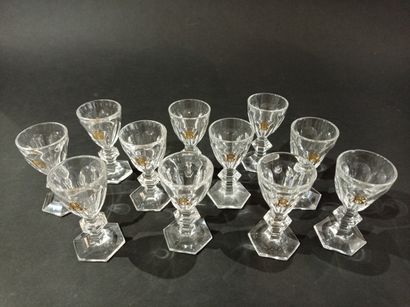  BACCARAT, Harcourt model 
Suite of eleven cut crystal liqueur glasses, numbered...
