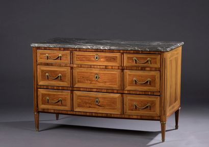  Louis XVI period rosewood veneer chest of drawers with tinted light wood fillets...