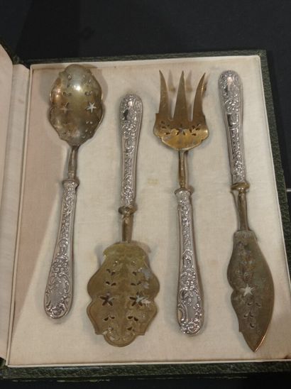  French silver plated dessert set, circa 1900 
The handles with floral decoration,...