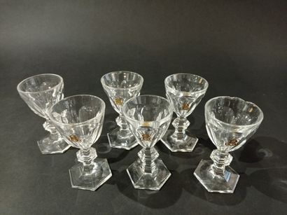  BACCARAT, Harcourt model 
Suite of six white wine glasses in cut crystal, numbered...