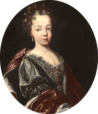  École PIÉMONTAISE vers 1680 
Portrait d'Adelaïde de Savoie 
Toile ovale. 
69 x 59...
