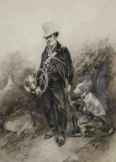null Henry MONNIER (1805-1877)

Chasseur et ses chiens

Encre et lavis.

Signé et...