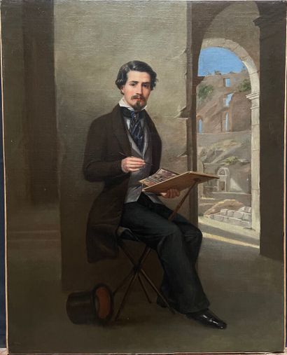 null École FRANÇAISE vers 1840

Jeune aquarelliste dans les ruines du Colisée

Toile.

Sans...