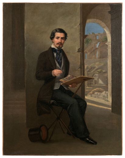 null École FRANÇAISE vers 1840

Jeune aquarelliste dans les ruines du Colisée

Toile.

Sans...