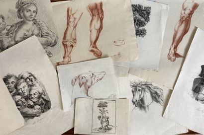 LOT DE DESSINS ET GRAVURES LOT of drawings and engravings including studies of legs...