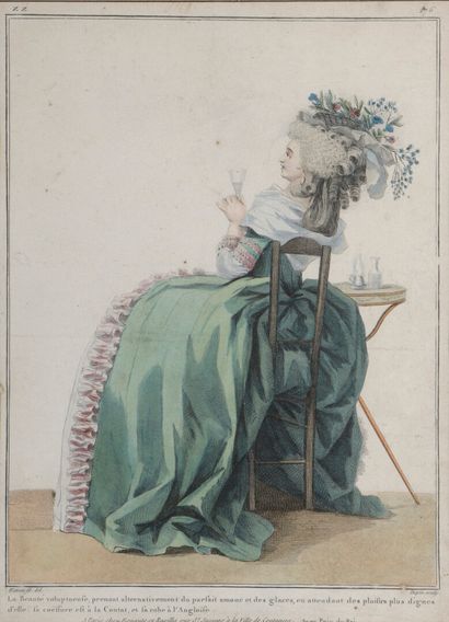 [Mode]. DUPIN (Jean-Pierre-Julien) [graveur]. Femmes en costumes élégants et coiffures...