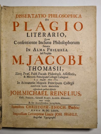 REINEL (Johann Michael). Dissertatio philosophica de plagio literario [...] 1679
