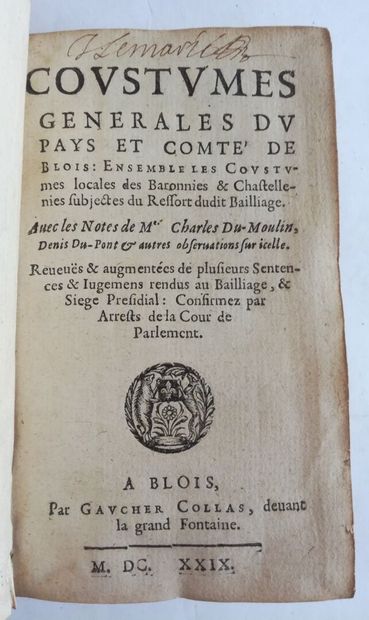 [Coutume. Blois. 1629]. COUSTUMES générales du pays et comté de Blois. [Coutume....