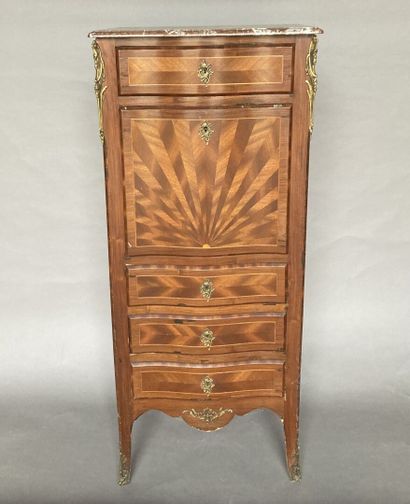 null Secretary with flap, in the Louis XV style, with marquetry and varnished bronze...
