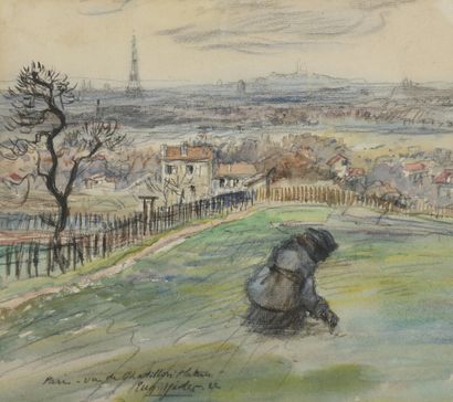  Eugène Véder (1876-1936) 
Paris vu de Châtillon - Plateau 1922 
Lavis d'aquarelle...