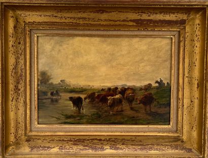 null Adolphe MARAIS (1856-1940)

Vaches en bord de rivière

Huile sur panneau.

Signé...