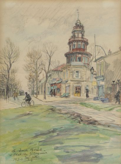  Eugène Véder (1876-1936) 
La Tour Biret à Châtillon ssurBagneux 1930 
Lavis d'aquarelle...