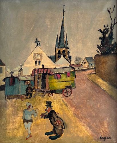 null Celso LAGAR (1891-1966)

Forains devant des roulottes dans un village

Toile.

Signée...