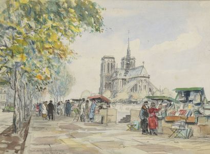  Eugène Véder (1876-1936) 
Quai de la Tournelle 1931 
Lavis d'aquarelle et encre...