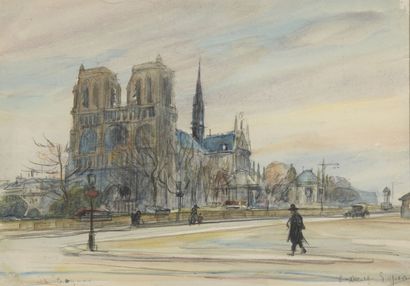  Eugène Véder (1876-1936) 
Sur le Quai - 8xbre 1919 - Notre Dame 
Lavis d'aquarelle...