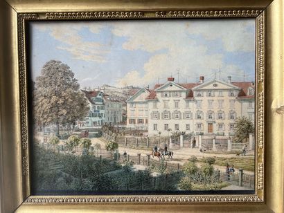 SWISS SCHOOL circa 1830 
View of a city animated...