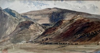  Paul HUET (1803-1869) 
Paysage vallonné 
Aquarelle. 
Cachet en bas à gauche. 
16,5...