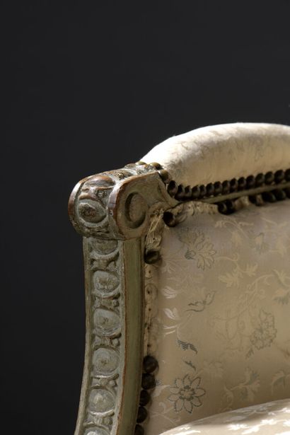 null A Louis XVI period carved and lacquered wood shepherd's chair stamped JB FROMAGEAU.

Decorated...