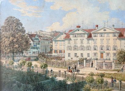  École SUISSE vers 1830 
Vue d'une ville animée de personnages et cavaliers 
Aquarelle....
