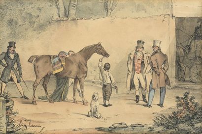  Eugène LAMI (1800-1890) 
Un marchand de chevaux anglais, en 1828 
Lithographie au...
