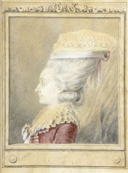  École FRANÇAISE du XVIIIe siècle 
Portrait de femme de profil 
Crayon, pastel. 
Signé...