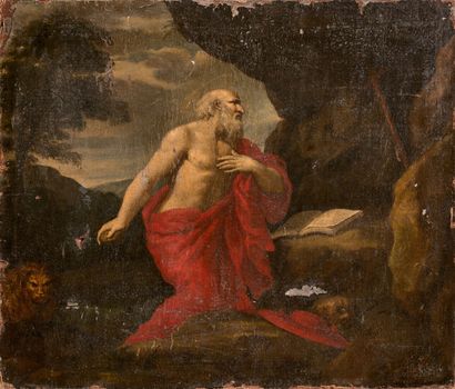  French school around 1740 
Saint Jerome in the desert 
Canvas. 
Old restorations,...