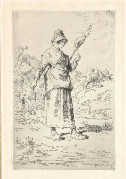  Jean-François MILLET 
La Fileuse auvergnate, 1869, eau-forte, 19,5 x 12,8 cm, marges...