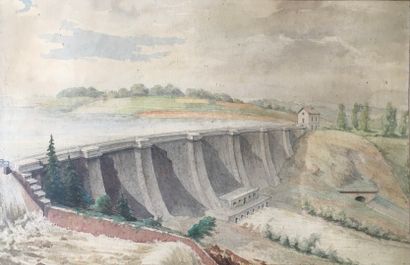  Lake Pont dam, end of the 19th century 
Watercolor...