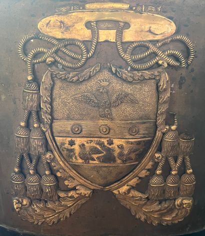null Lacquered sheet metal hood of oval shape decorated with a coat of arms topped...