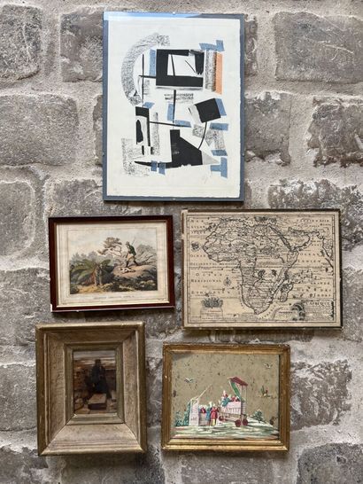 Lot of five small framed pieces; contemporary...