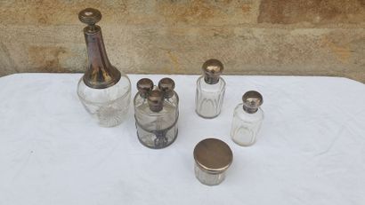 null Toiletries including crystal bottles and silver mount, Minerve mark, pots,