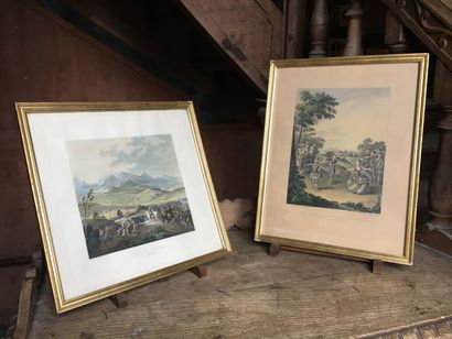 Lot of two engravings in colors, XIXth and...
