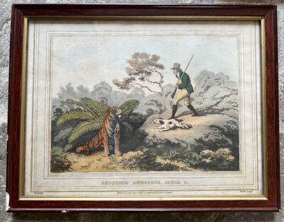 null Lot of five small framed pieces; contemporary engraving, hunting engraving,...