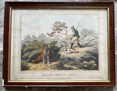 null Lot de cinq petites pièces encadrées ; gravure contemporaine, gravure de chasse,...