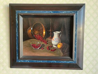 null Contemporary school 

Still life with a copper basin and cherries

Oil on canvas

Monogrammed...