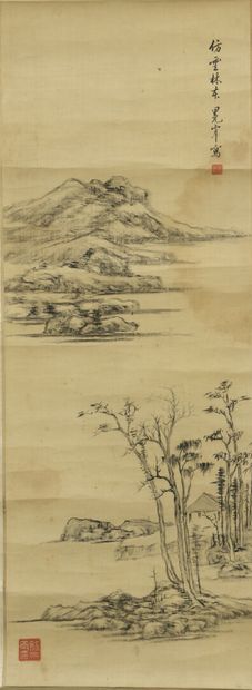 null Ink scroll painting on silk

CHINA

Decorated with a house under tall trees...