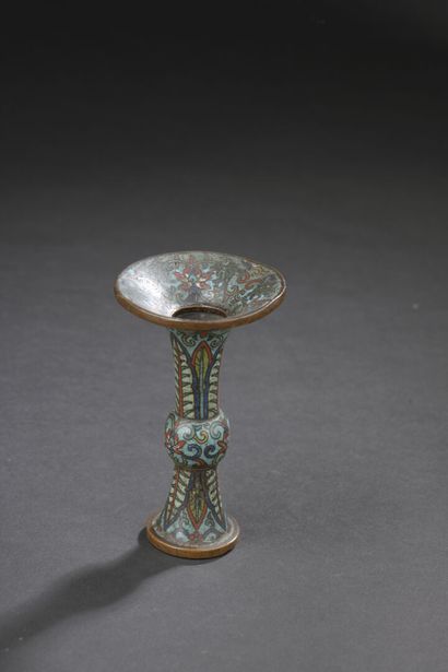 Small gu vase and brooch in bronze and cloisonné...