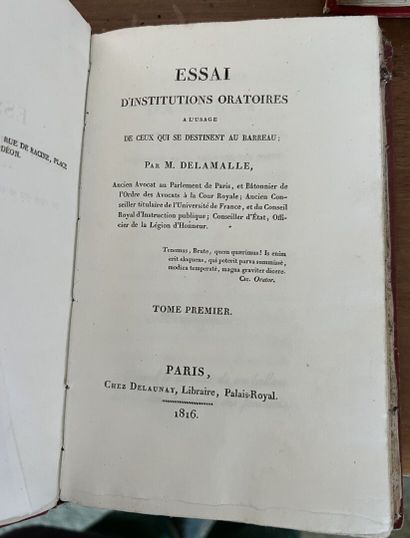 null LAW

DELAMALLE, Essais d'institutions oratoires, 1816. In-8.

Jurisprudence...