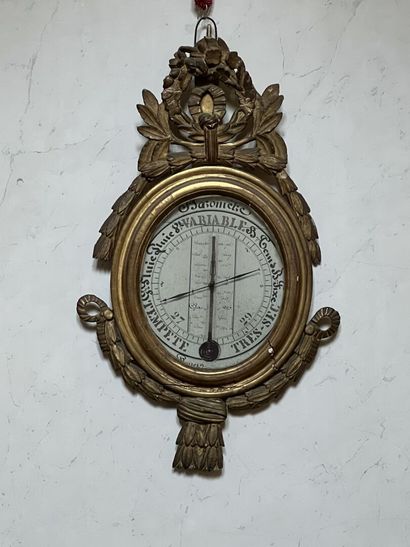 null Barometre thermometre en bois sculpté et doré d'époque Louis XVI

Le cadran...