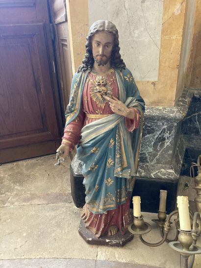 null Religious lot including sculptures in polychrome plaster, metal plate and ceramic...