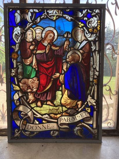 null Stained glass window, from the 19th century, representing Christ giving the...