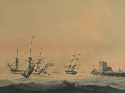 Samuel ATKINS (c1787-1808) Samuel ATKINS (c. 1787-1808)

Exit from a Dutch roadstead

Watercolor,...