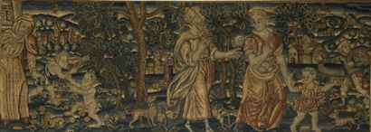 BRODERIE du XVIIe Broderie du XVIIe siècle représentant un paysage animé de personnages,...