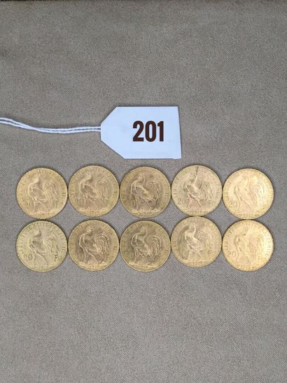 10 pièces de 20 Francs or, type Coq 1913



Frais...
