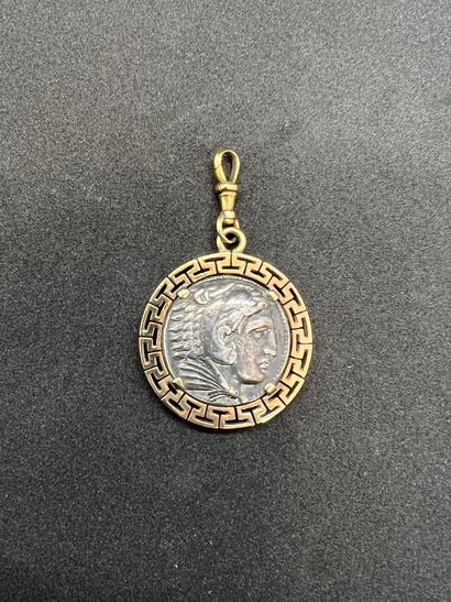 null Pendant decorated with a Greek coin in a gold setting with Greek decoration.

Gross...