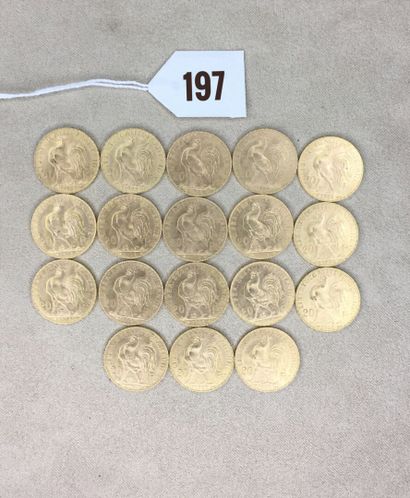18 pièces de 20 Francs or, type Coq 1908...