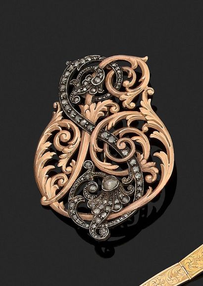 null Belle Epoque 18K rose gold 750‰ and silver sup. 800‰ monogram brooch crossed...