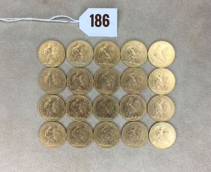 20 pièces de 20 Francs or, type Coq 1909...